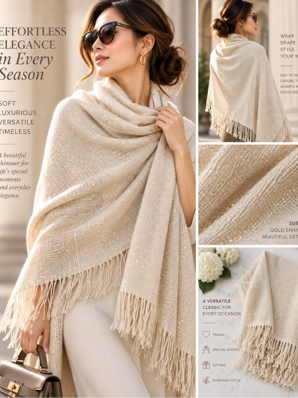 Elegant Ivory Gold Shimmer Oversized Fringe Wrap Shawl